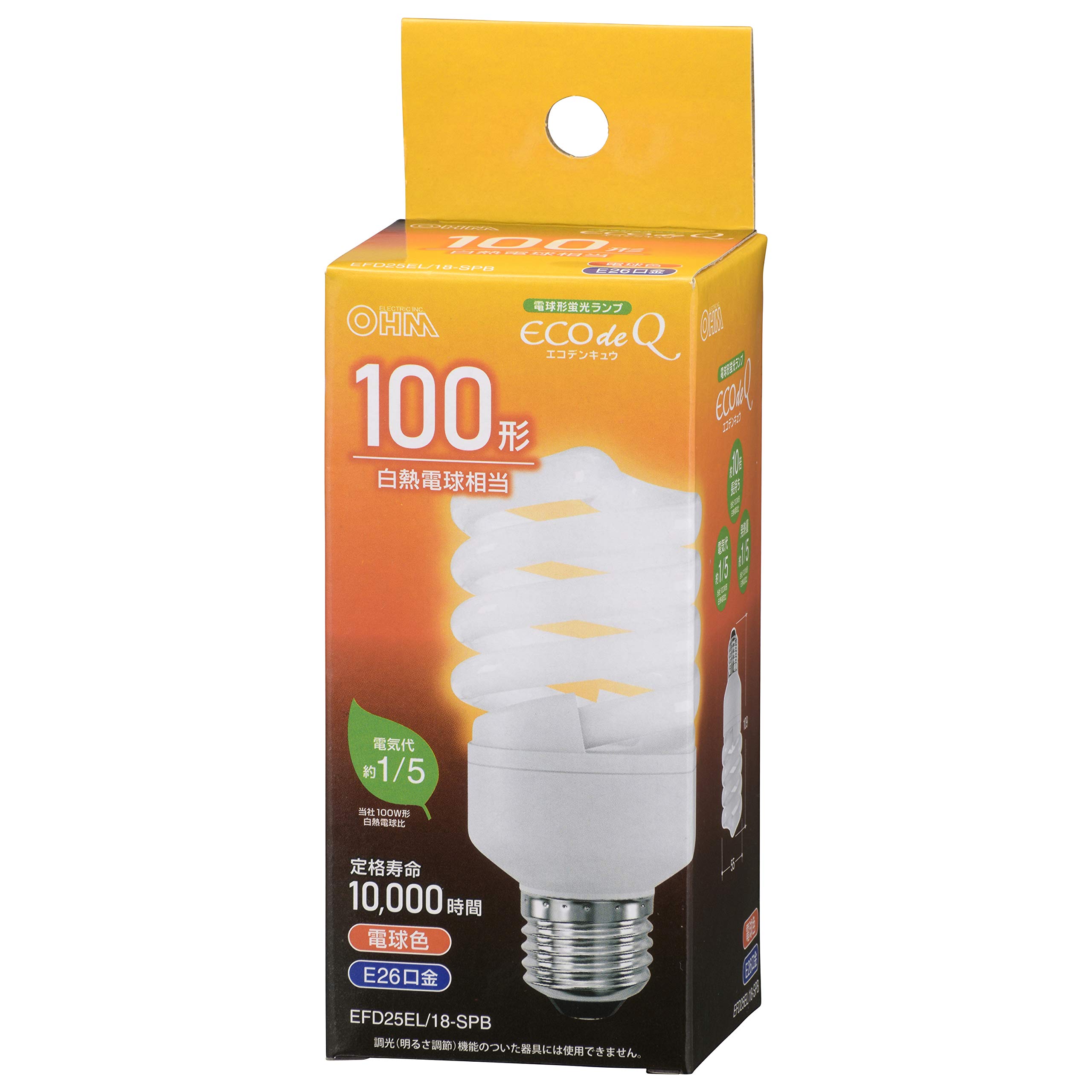 オーム電機 電球形蛍光灯 スパイラル形 E26 100形相当 電球色 エコデンキュウ EFD25EL/18-SPB 06-3776 OHM商品画像