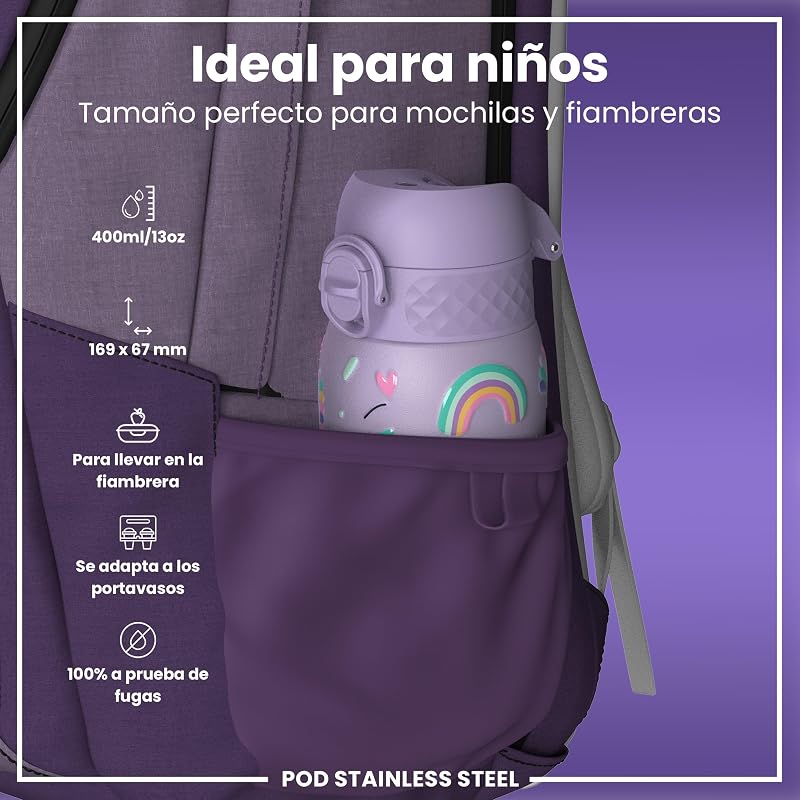Garrafa de água leve em aço inoxidável para crianças, 400ml, não isolada, à prova de fugas, fácil de abrir, tranca segura, segura na máquina de lavar loiça, tampa de rebatente, fácil de limpar, unicórnios, roxo