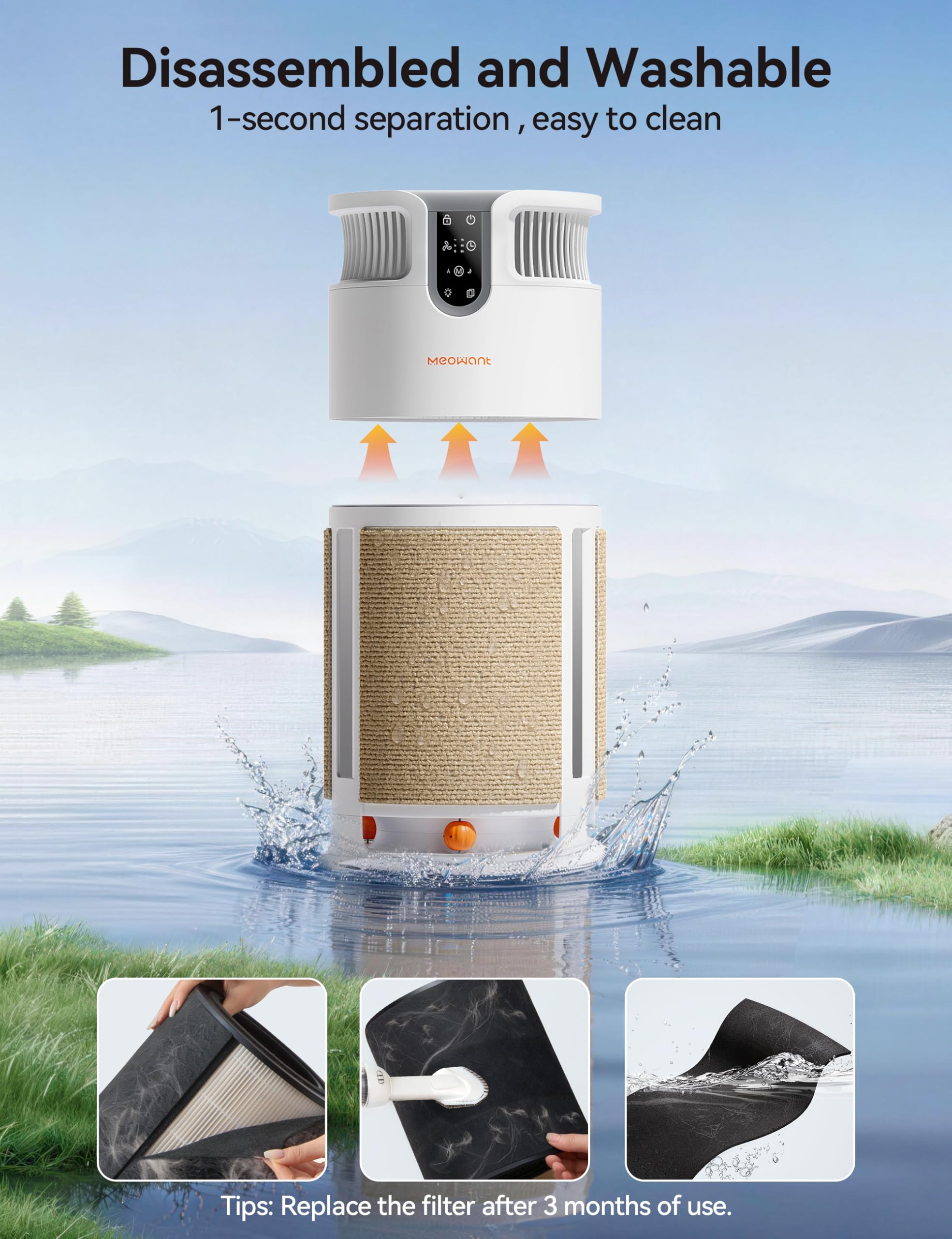 Meowant Air Purifier for Home, Pet Air Purifier 360°Air Intake & Air Outlet for Large Room, 4-in-1 H13 HEPA Filter Up to 3900 Ft² Air Cleaner for Pet Hair Dander Odors with Cat Scratch Board