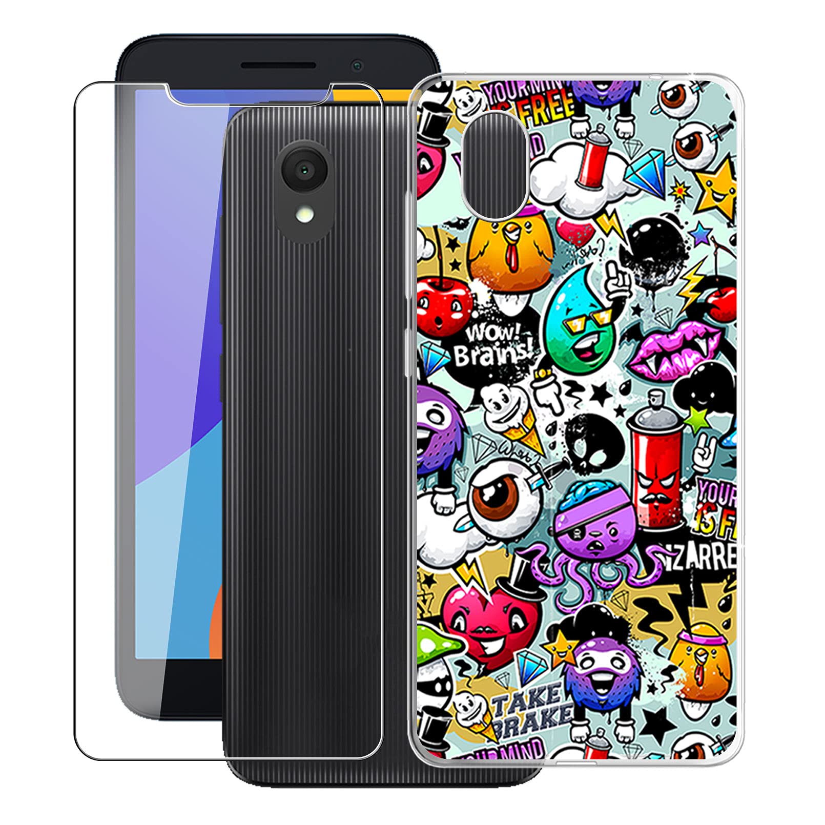 KJYF Protective Case Transparent Bumper TPU Cover + Screen Protector for Alcatel 1 2021 (5.00 Inch), Film Tempered Glass Film + Silicone Shell Case Mobile Phone Case - Cartoon