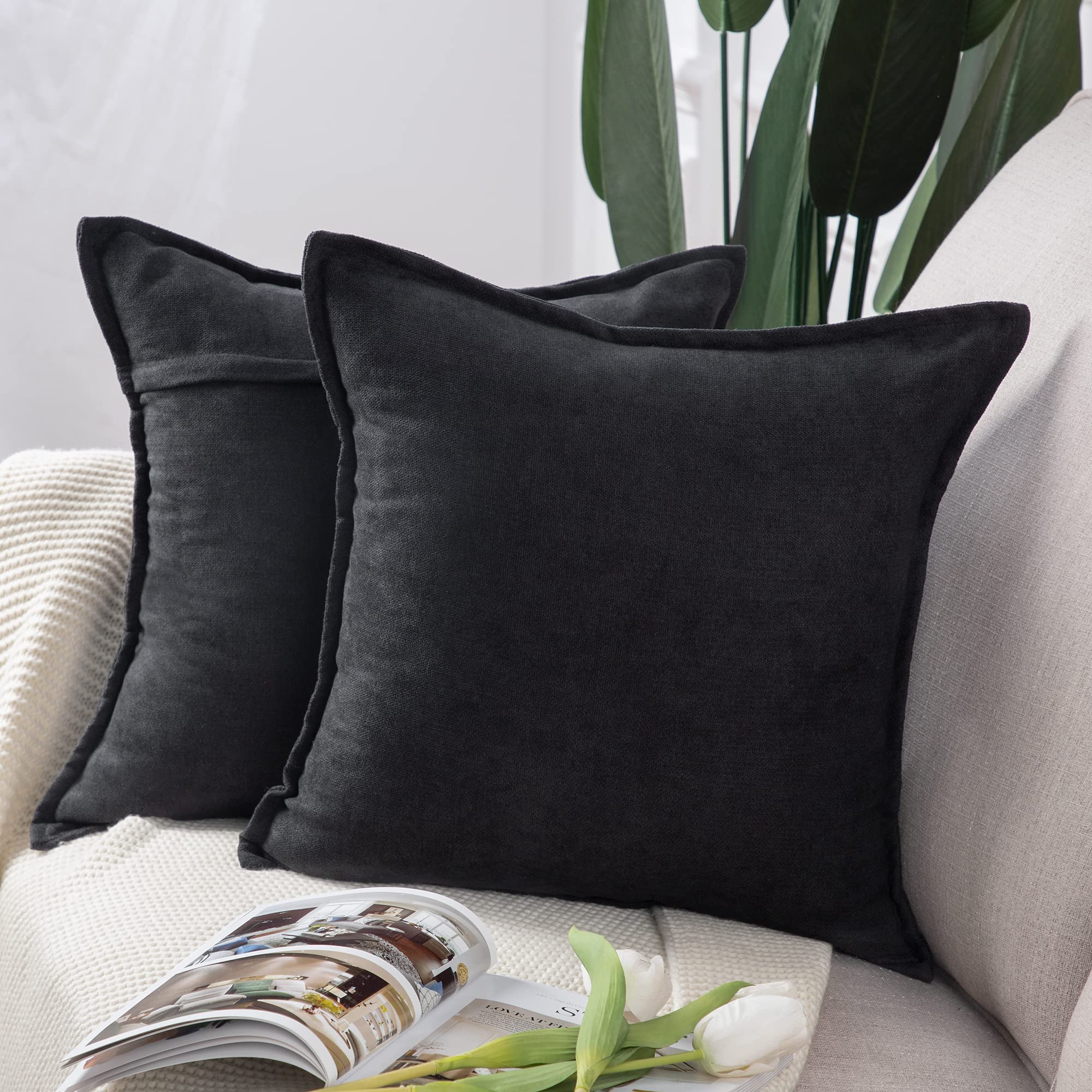 Madizz Set of 2 Short Chenille Throw Pillow Covers 24x24 Inch Black Soft Decorative Cushion Cover for Sofa Bedroom Pillow Shell