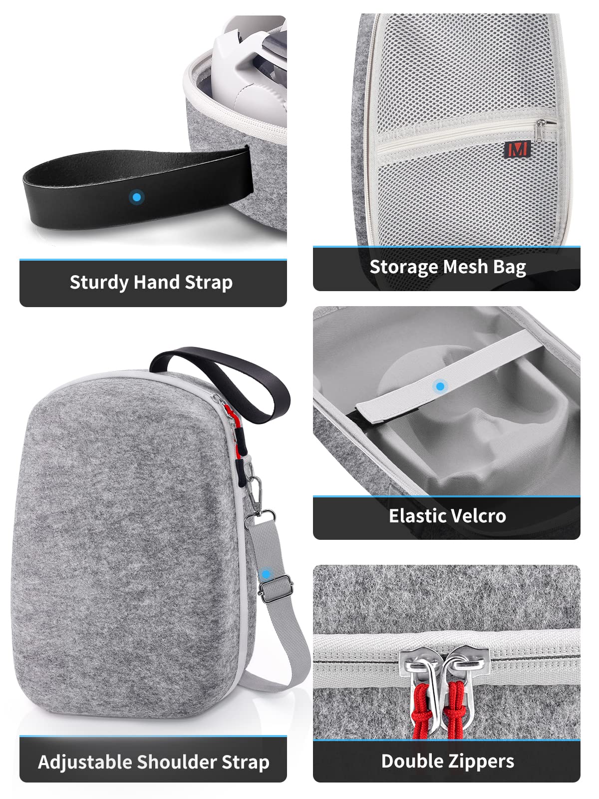 TOENNESEN Hard Carrying Case for Meta Quest 3/Oculus Quest 2/Vision Pro VR Headset with Official Elite Battery Strap and Touch Controllers Accessories, Lightweight for Travel and Home Storage(Grey)