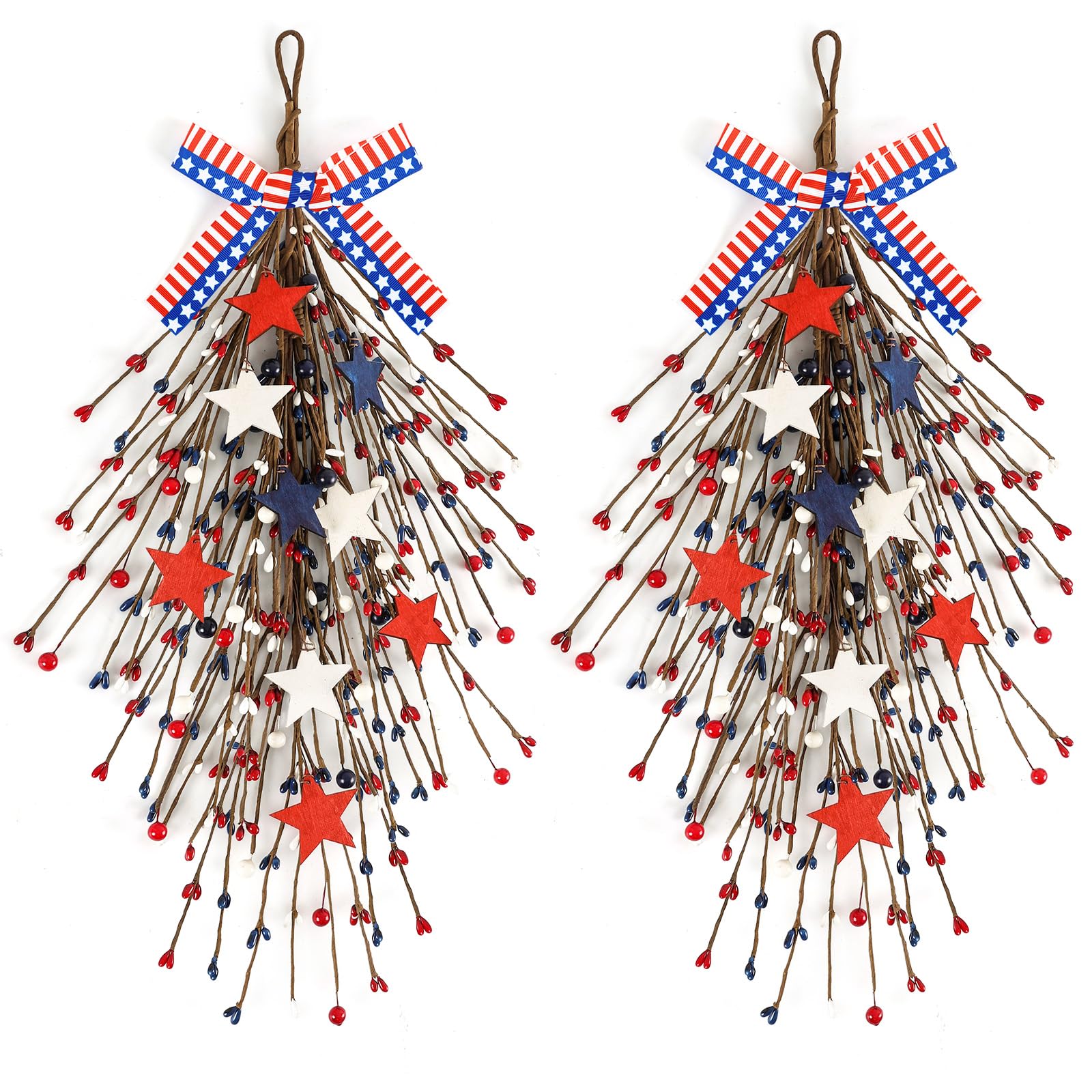 Photo 1 of 2 Pack 22’’ Patriotic Wreaths for Front Door 4th of July Teardrop Swag Red White Blue Artificial Stars Berries Hanger with Ribbon Farmhouse Decor for Independence Memorial Day Outdoor Window Wall