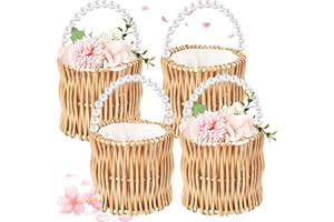TAIYIN 4 Pcs Wicker Wedding Flower Girl Baskets Pearl Wicker Rattan Flower Basket Handwoven Easter Basket Wicker Basket with Handle Straw Beach Bags Purse Wicker Tote for Candy Garden Home, 5.9 x 6.5 Inch