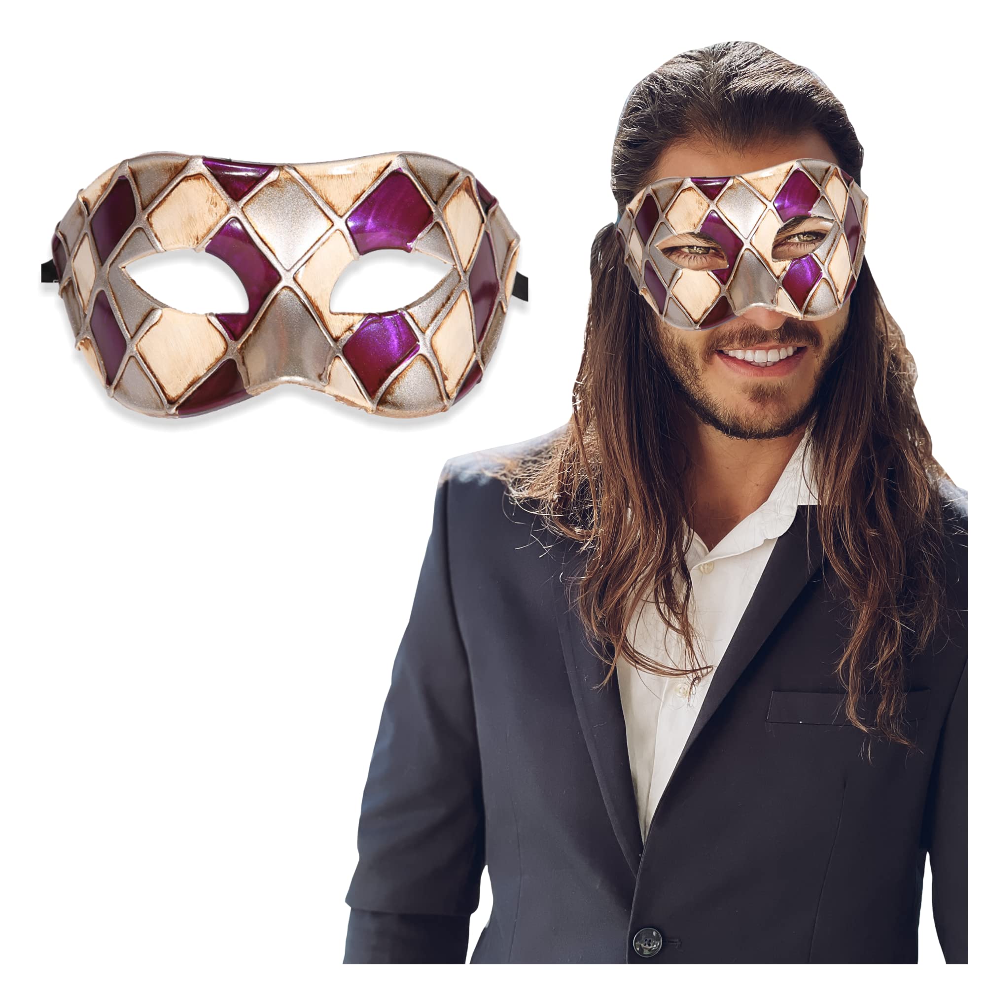 Masquerade Mask for Men – Antique Look Mask for Halloween, Masquerade Balls, Mardi Gras, Prom, and Themed Parties – Perfect for Formal Events & Costume Celebrations (Purple/Silver Checkered)