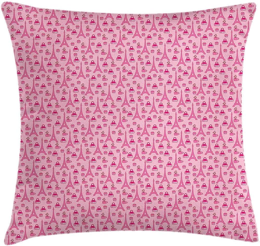 SSHELEY Eiffel Tower Pillow Cushion Cover, Dreamy Things Handbag Cupcake Coffee, Square Pillow Case Pale Pink Pink Magenta and Mauve Taupe
