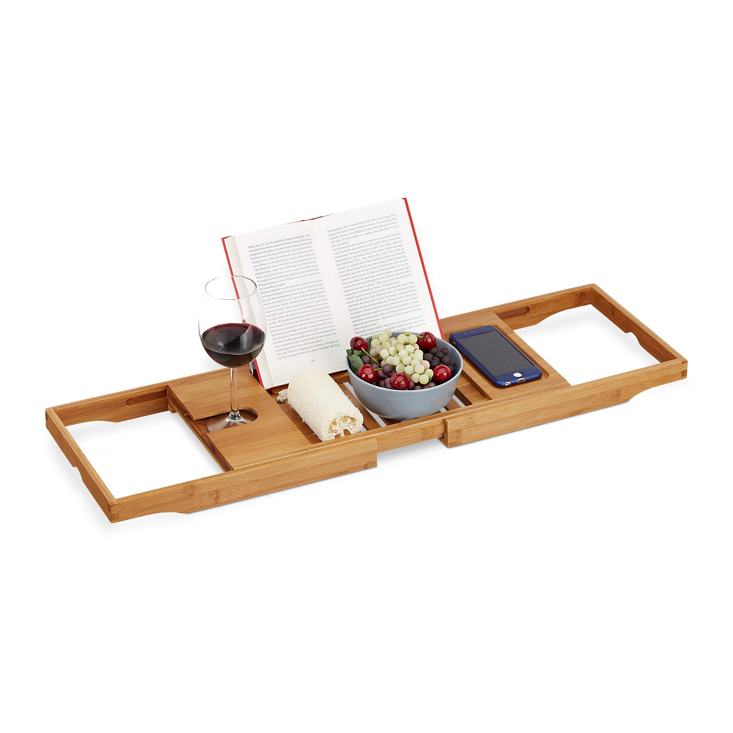 Relaxdays Large Bamboo Bath Tray, Book & Tablet Holder, Glass Support, Luxury, Light, Extendable 70-105 cm, Natural