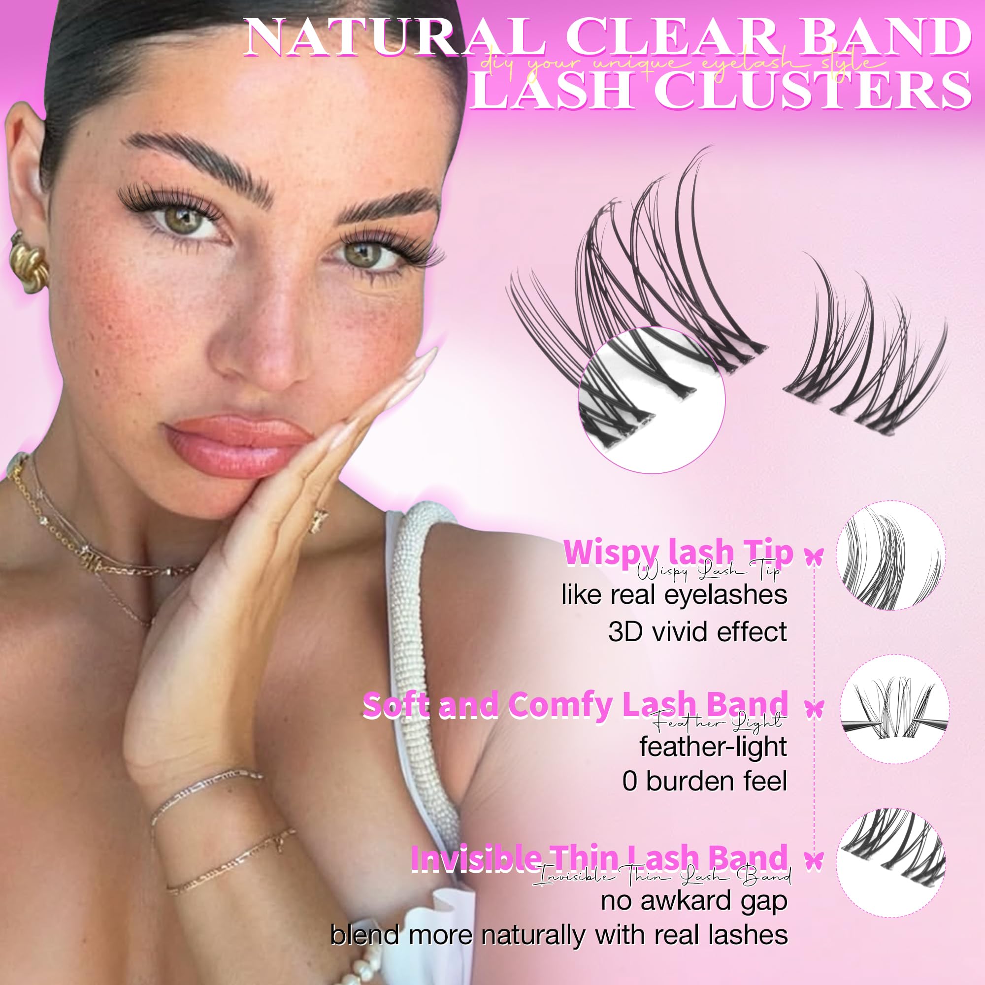 Wispy Lash Clusters Kit Venus Invisible Band Eyelash Clusters 8-16mm Lash Extension Kit Natural Lashes Clusters Eyelash Extension Kit with Thin Band Lash Cluster Clear Lash Glue and Tweezers by Wtvane