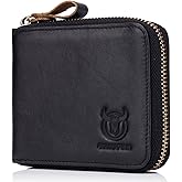 BULLCAPTAIN Men Genuine Leather Zipper Wallet RFID Blocking Bifold Wallets ID Window Credit Card Case (Black)