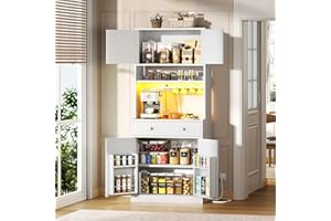 Korfile 71" Tall Kitchen Pantry Storage Cabinet with Power Outlet & LED Light, Freestanding Food Pantry Cabinet with 4 Doors and Shelves, Cupboard with Drawer, Hutch with Microwave Stand, White