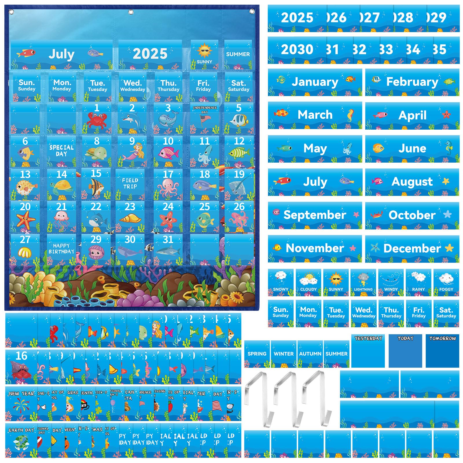 Photo 1 of Weysat 128 Pcs Classroom Calendar Pocket Chart Set Calendar Bulletin Board with Pocket Bulletin Board Season Festival Weather Date Chart for Preschool Elementary School Teacher Supplies(Sea Animals)