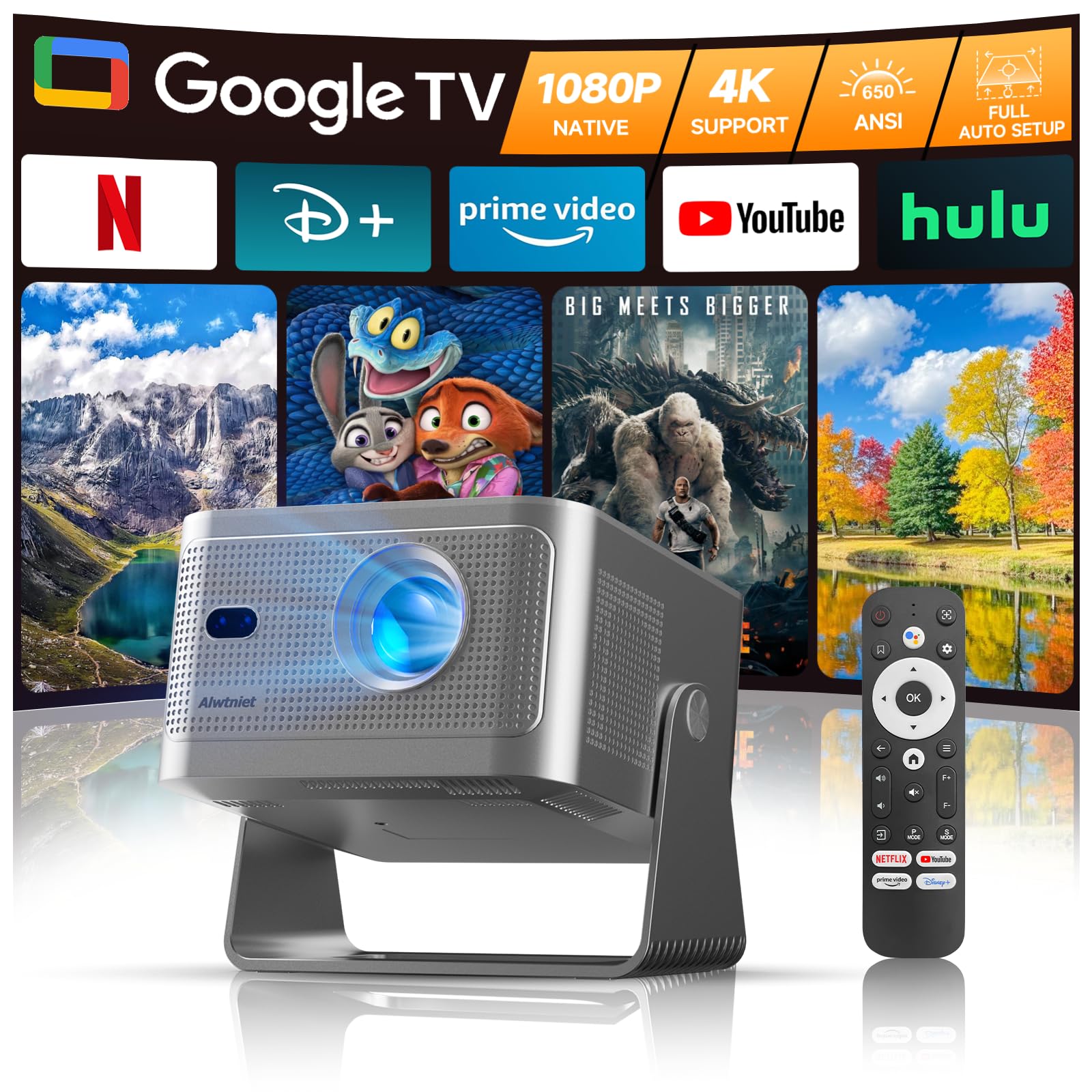 Photo 1 of Smart Projector with Google TV, 4K Support Portable Mini Projector with Wifi and Bluetooth, Auto Focus & Obstacle Avoidance, TV Stick, 650 ANSI & Voice Control, HY350GT Home Theater Proyector Outdoor