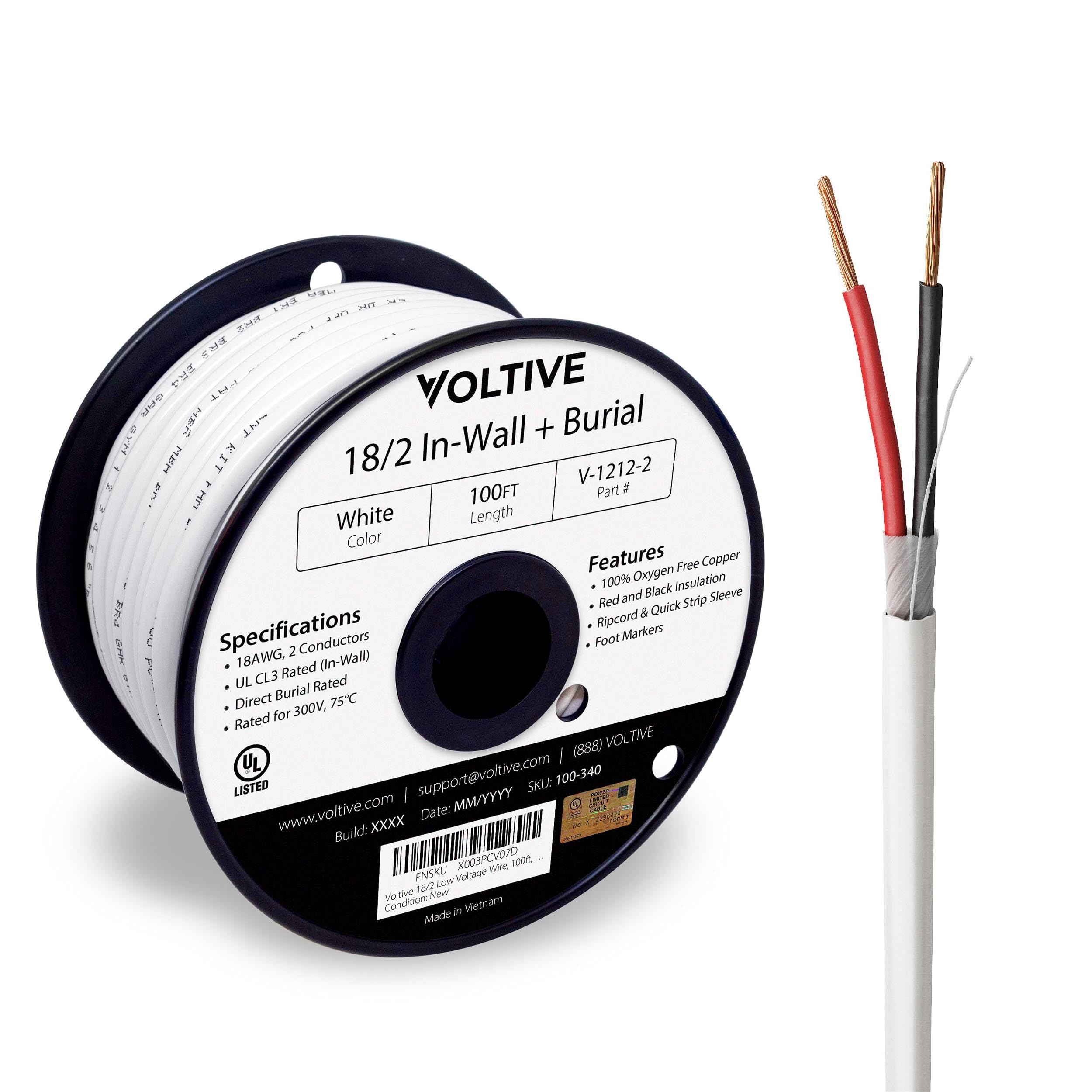 Voltive 18/2 Low Voltage Wire, in-Wall CL3 & Direct Burial, White, 100ft - 18AWG, 2 Conductors, Stranded Bare Copper, UL Listed - V-1212-2 Image