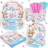 120PCS Bear Themed Gender Reveal Party Supplies for Baby Girl Boy Pink or Blue She or He Gender Reveal Party Decorations Baby Shower Tableware Set Plates Napkins Cups Forks Knives for 20 Guests