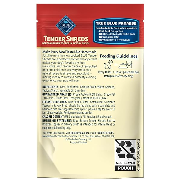 BLUE BUFFALO TENDER SHREDS BEEF & CHICKEN TOPPERS IN SAVORY BROTH, NATURAL DOG FOOD COMPLEMENT, BEEF, 2.5-OZ. POUCH, 24-COUNT