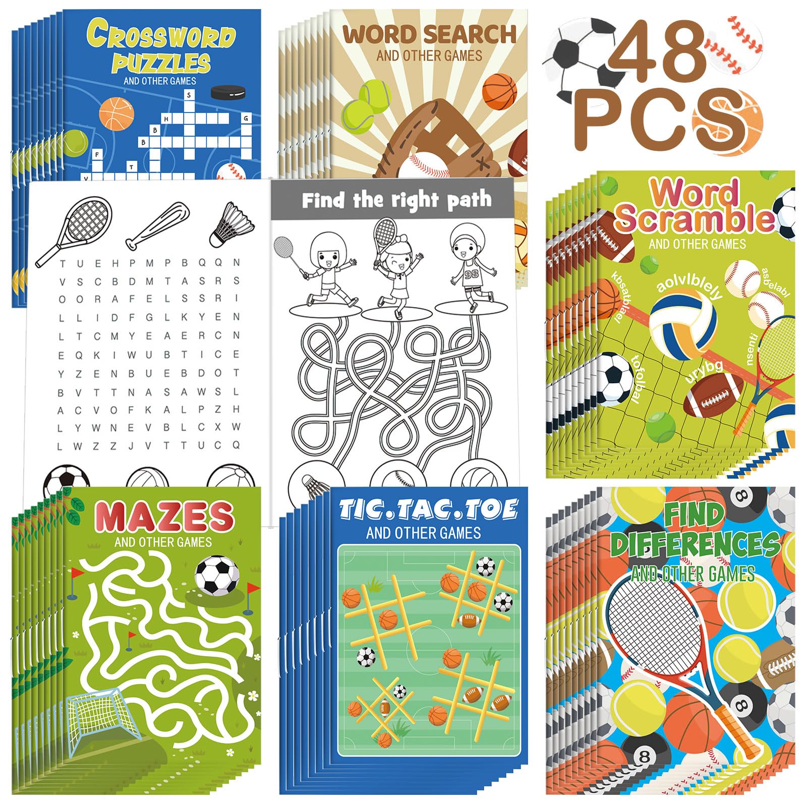 Photo 1 of Hungdao 48 Pcs Sports Mini Activity Books for Boys and Girls Football Basketball Soccer Baseball Birthday Party Favors Activity Books Bulk for Sports Themed Party Classroom Supplies