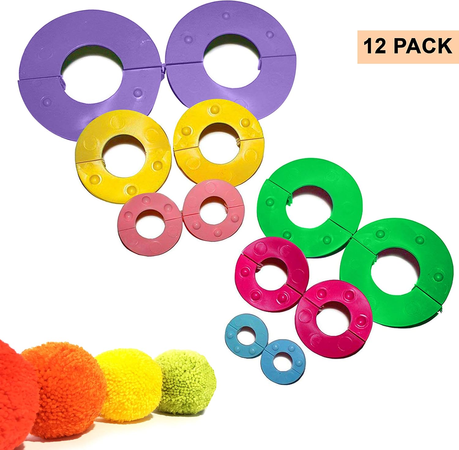 Curtzy Plastic Pom Pom Maker Kit (6 Pack) 6 Sizes (2.5, 3.5, 4.5, 5.5