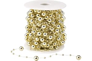 Artiflr 65.6Ft Christmas Tree Beads Garland Clearance, Fishing Line Artificial Pearls Beads String Roll Chain Faux Pearl Beaded Trims for Christmas Tree Decor and Holiday DIY Supplies (Gold)