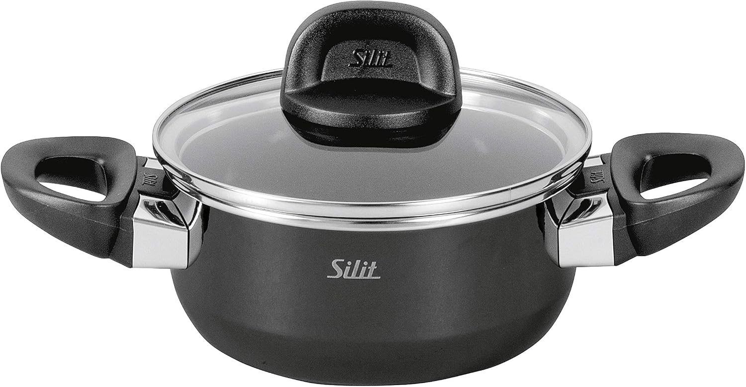 Silit Modesto Line Cooking Pot 16 cm, Glass Lid, Stewing Pot 1.3 L, Silargan Functional Ceramic, Induction Pot, Black