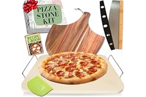 RITUAL LIFE Pizza Stone for Oven and Grill Set - 5PCS Pizza Making Accessories Kit - 15 inch Pizza Stone with Handles, Pizza Peel, Pizza Cutter, Dough Tool - Baking Stone for Bread - Large Rectangular Oven Stones
