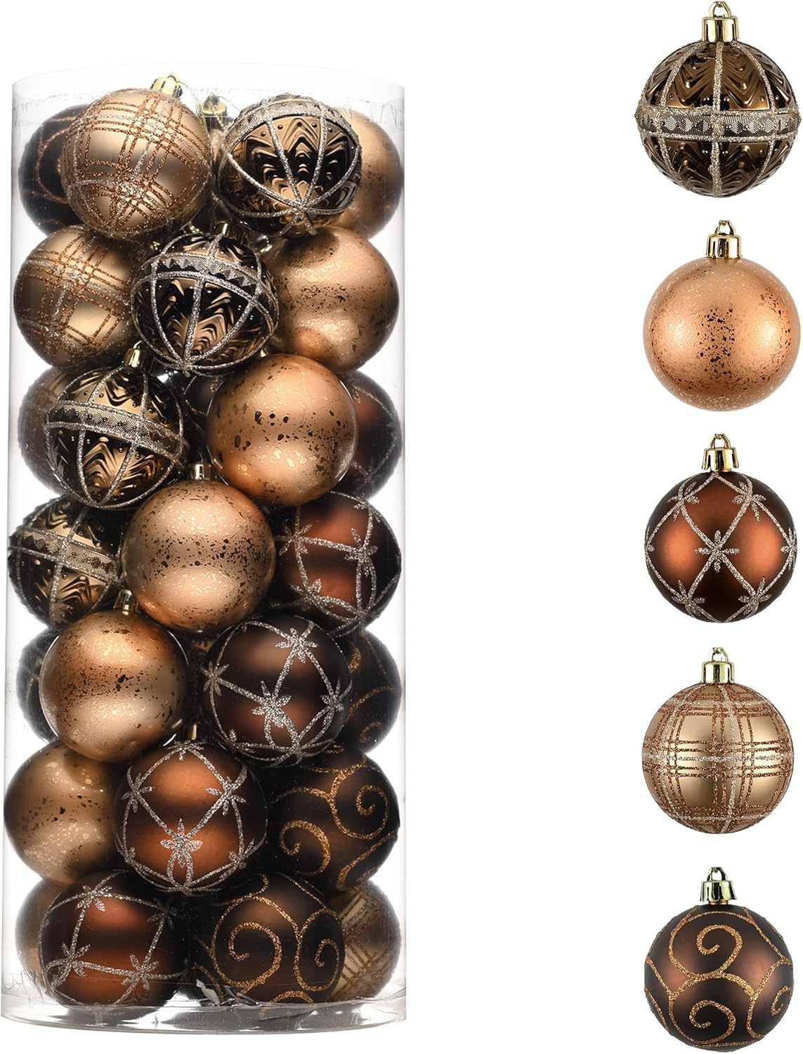 Ornaments - Valery Madelyn Christmas Tree Ornaments, 35ct Bronze Copper and Gold Shatterproof Christmas Balls Decoration Set, 2.36 Inches Luxury Brown Hanging Tree Ornament Bulk for Xmas Holiday Party Decor