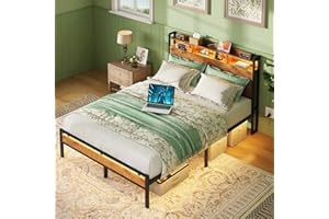 KKL Queen Bed Frame with Charging Station and LED Lights, Headboard with Storage Shelves, Heavy Duty Metal Slats, No Box Spring Need, Noise Free, Easy Assembly, Rustic Brown
