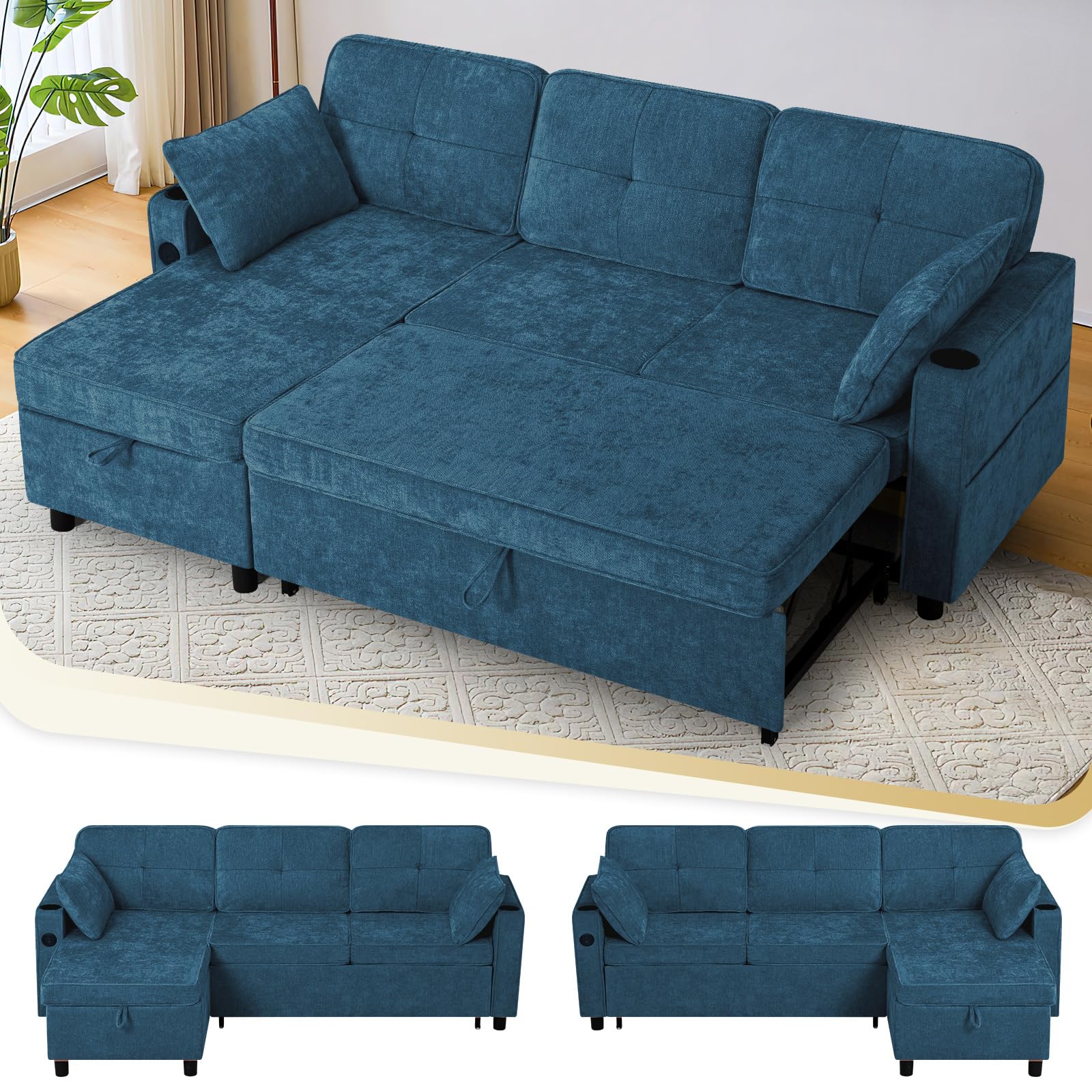 Photo 1 of ++NOT COMPLETE+++ACMEASE 84 Inches Chenille Sectional Sofa w/Pull Out Sofa Bed & Adjustable Back, Tufted L Shaped Couch w/Storage Chaise, Sleeper Sectional Sofa w/USB Port & Cup Holders for Living Room, Blue