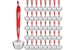 Wiyodaho 48 Pcs Christmas Believe Bell Ornaments 1.5 Inch Polar Santa Sleigh Jingle Bells with Believe Ribbon Christmas Tree Decorations for Xmas Decor (Silver Color, 48)