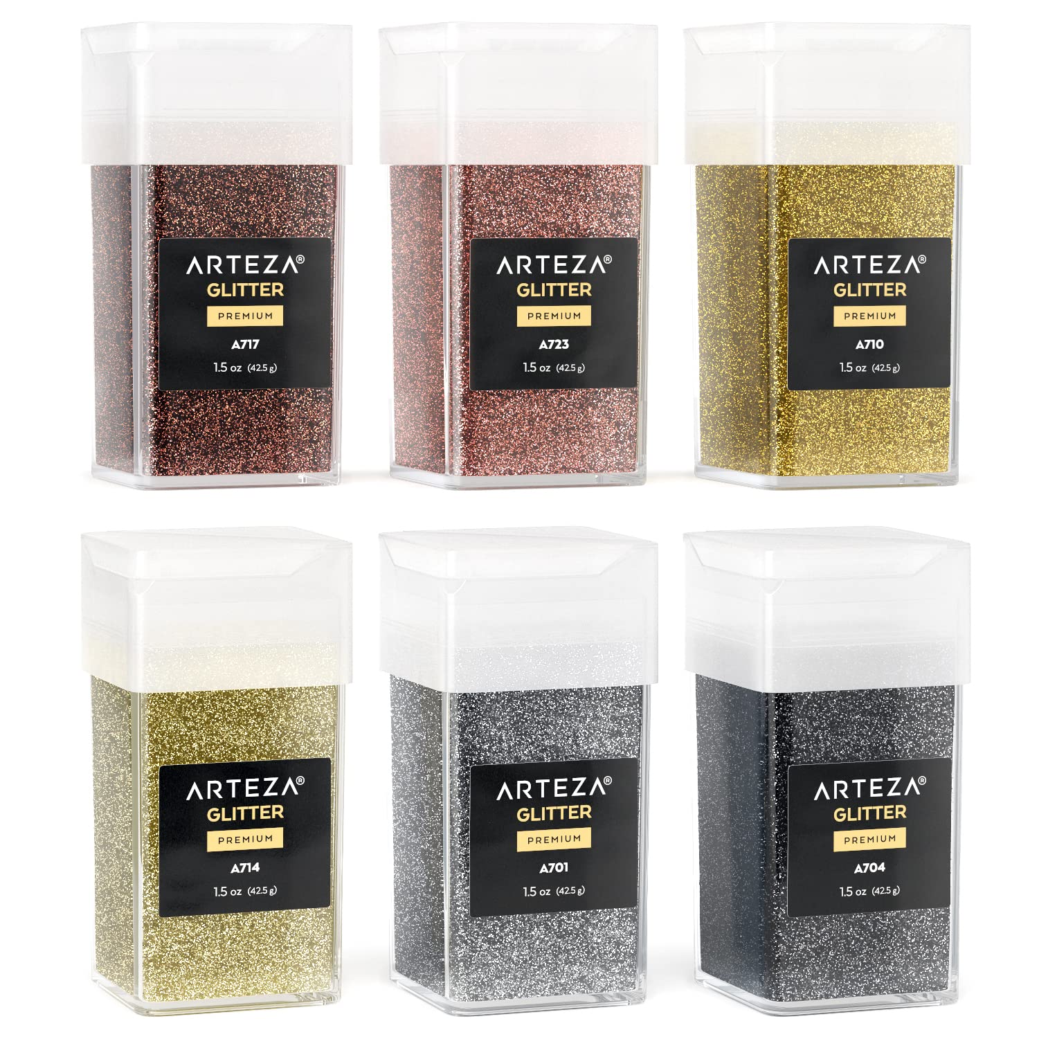 ARTEZA Fine Glitter, Set of 6, Metallic Glitter for Resin in 1.5-oz Bottles, Arts and Crafts Supplies for Art Class, After-School Programs, and Holiday Craft Projects