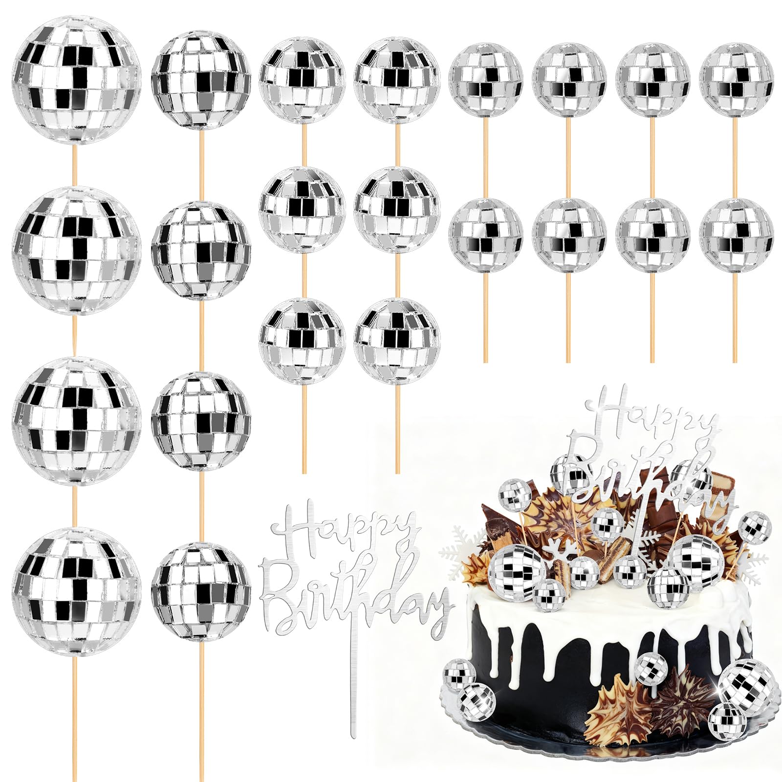 Photo 1 of 23 pcs Disco Ball Cupcake Toppers Happy Birthday Cake Topper 1970s Disco Ball Cake Picks Disco Theme Party Decorations for Birthday Party Favor
