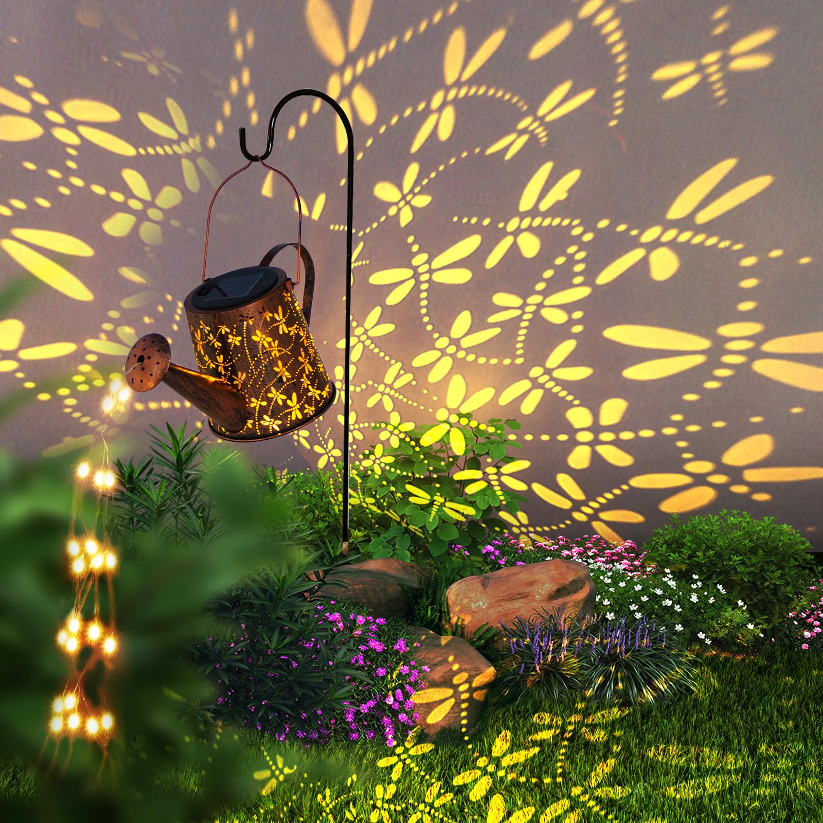 Photo 1 of Solar Watering Can Outdoor Lights Garden Decor,Dragonfly Hanging Lantern Waterproof Landscape Lights Outside Decoration for Yard Porch Patio Pathway Gardening Gifts(with 32 inch Shepherd Hook)