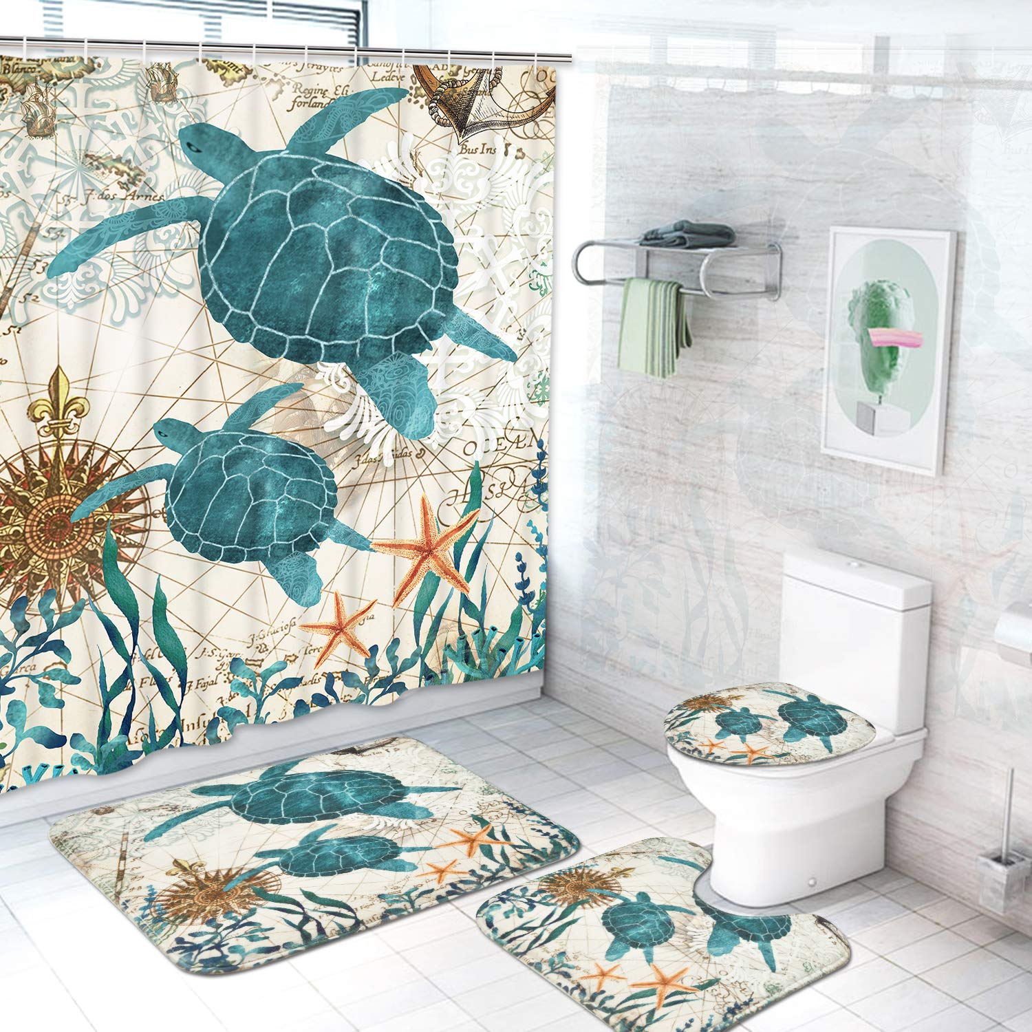IkfashoniSea Turtle Shower Curtain with Non-Slip Rugs Toilet Lid Cover and Bath Mat Ocean Creature Landscape Bathroom Curtain with 12 Hooks Durable Waterproof Fabric Bathroom Accessory Bathroom Set
