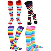 SATINIOR 4 Pair Women Knee High Socks Halloween Striped Rainbow Colorful Witch Knee Stripy Socks Opaque Long Stockings for Girls Cosplay