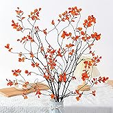 Syagnos 4PCS 40" Faux Fall Plant Stems and Branches for Vase,Fall Ficus Branches,Artificial Tree Branches and Twigs Ficus Tree Plants Leaves Decoration for Home, Office, Banquet Decor (Orange)