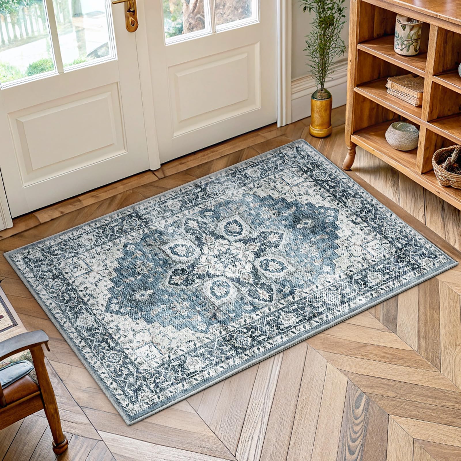 AMADA HOMEFURNISHING 2x4 Washable Area Rug, Low-Profile Entryway Rug with Non-Slip Backing & Durable Edge Binding, Vintage Rug Pattern, Small Rugs for Entryway, Kitchen & Living Room Image