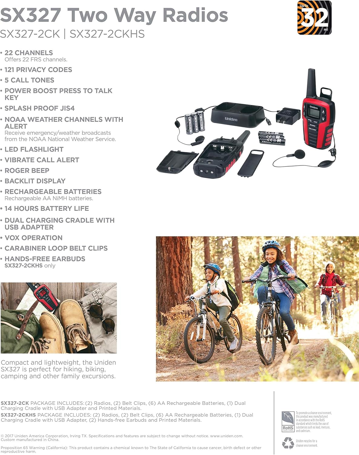 Uniden SX507-2CKHS Up to 50 Mile Range FRS Two-Way Radio Walkie Talkies W/Dual Charging Cradle, Waterproof, Floats, 22 Channels, 142 Privacy Codes, NOAA Weather Scan + Alert, Includes 2 Headsets
