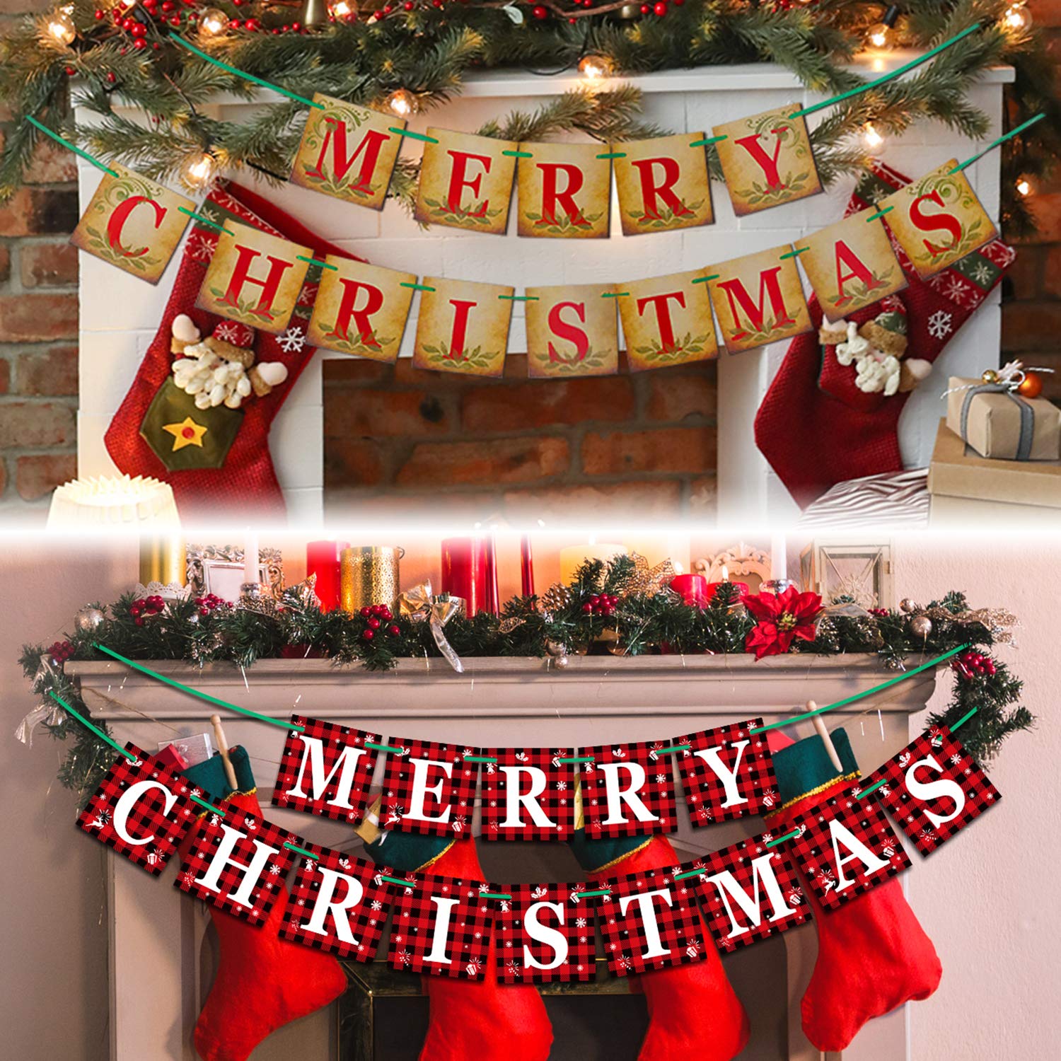 Merry Christmas Banner - 5.9x5.9 inch Xmas Bunting Decoration Indoor Fireplace Black Red Plaid Letters Wall Tree Green Holiday Sign Decor