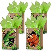 Fuutreo 24 Pcs Dinosaur Party Favor Bags with Handle and Tissue Paper for Dinosaur Birthday Party Supplies, Green Dino Goodie Gift Bags for Treat Candy Valentines Day Baby Shower Graduation
