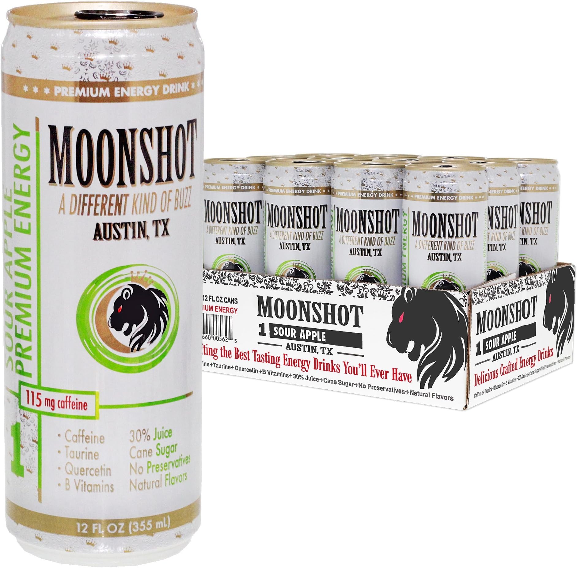 MOONSHOT Sparkling Sour Apple Energy Drink • 30% Juice • 115mg Caffeine • Pure Cane Sugar • No Artificial Flavors, Sweeteners, Colors or Preservatives • The Best Tasting Energy Drink Made