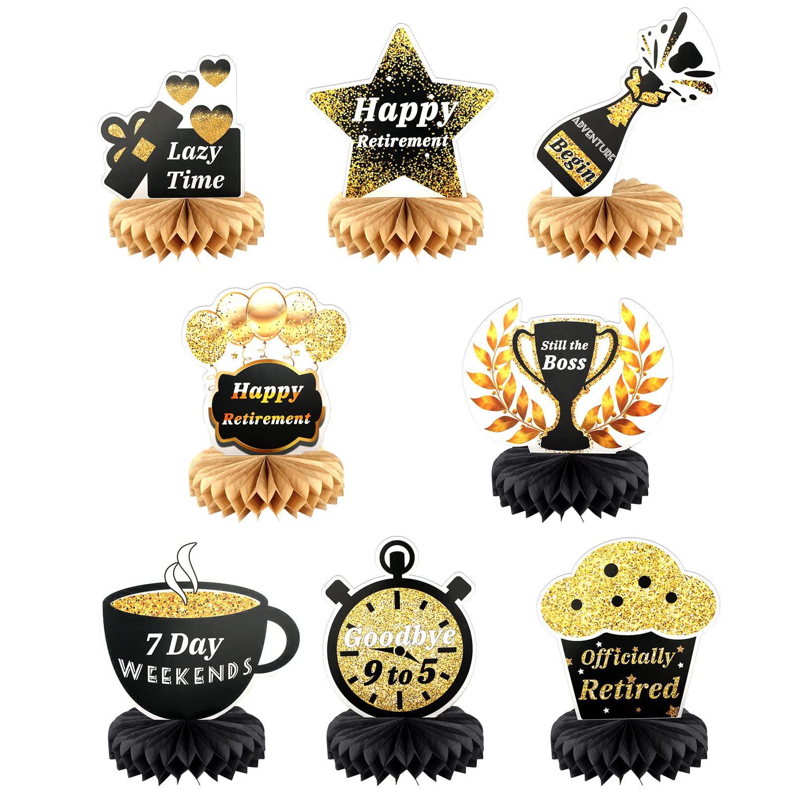 SAVITA 8pcs Retirement Party Table Decorations, Gold Honeycomb Table Centerpieces for Happy Officially Retired Party Decoration Supplies
