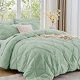 Sasttie Queen Comforter Set, 7-Piece Bed in a Bag, Pintuck Bedding Set for All Season, Includes Comforter, Flat Sheet, Fitted Sheet, Pillowcases and Pillowshams, Sage