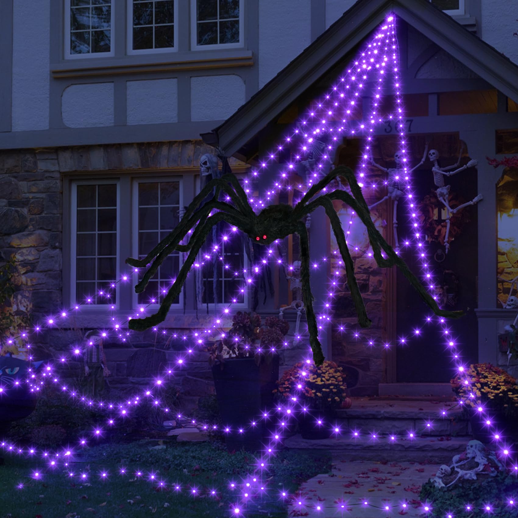 Photo 1 of Halloween Spider Web Lights Decoration 455 LED Spider Webs Halloween Decorations Outdoor with 59" Large Spider & 3.53 oz Stretch Cobweb 16.4 Ft Light Up Giant Spider Web with 8 Modes & Timer (Purple)