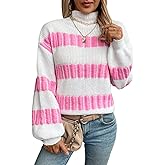 PDLCVD Striped Sweater for Women Long Puff Sleeve Color Block Turtleneck Knit Pullover Sweater White