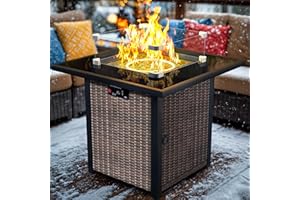 HYNORRA Propane Fire Pit Table, Outdoor Fire Pit Table, 28" Rattan Square Outdoor Gas FirePit with Glass Wind Guard, Tempered Glass Tabletop, Lid, CSA Listed, 50,000 BTU, Outside Patio Deck & Garden, Brown