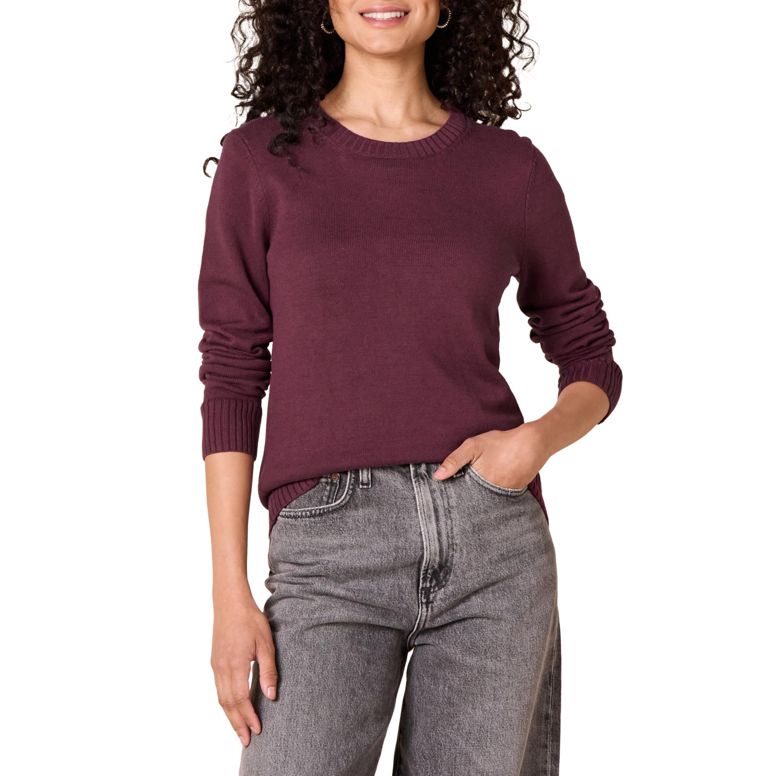 Photo 1 of Amazon Essentials Women's Crewneck Sweater, 100% Cotton, Burgundy, Medium, Plus Size Available