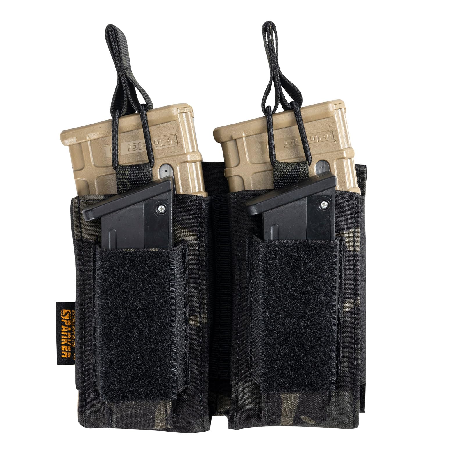 EXCELLENT ELITE SPANKER Open-Top Single/Double/Triple Mag Pouch for M4 M14 M16 AK AR Elastic Kangaroo Rifle Magazines and Pistol Mag Pouch(Double-Multicam Black)