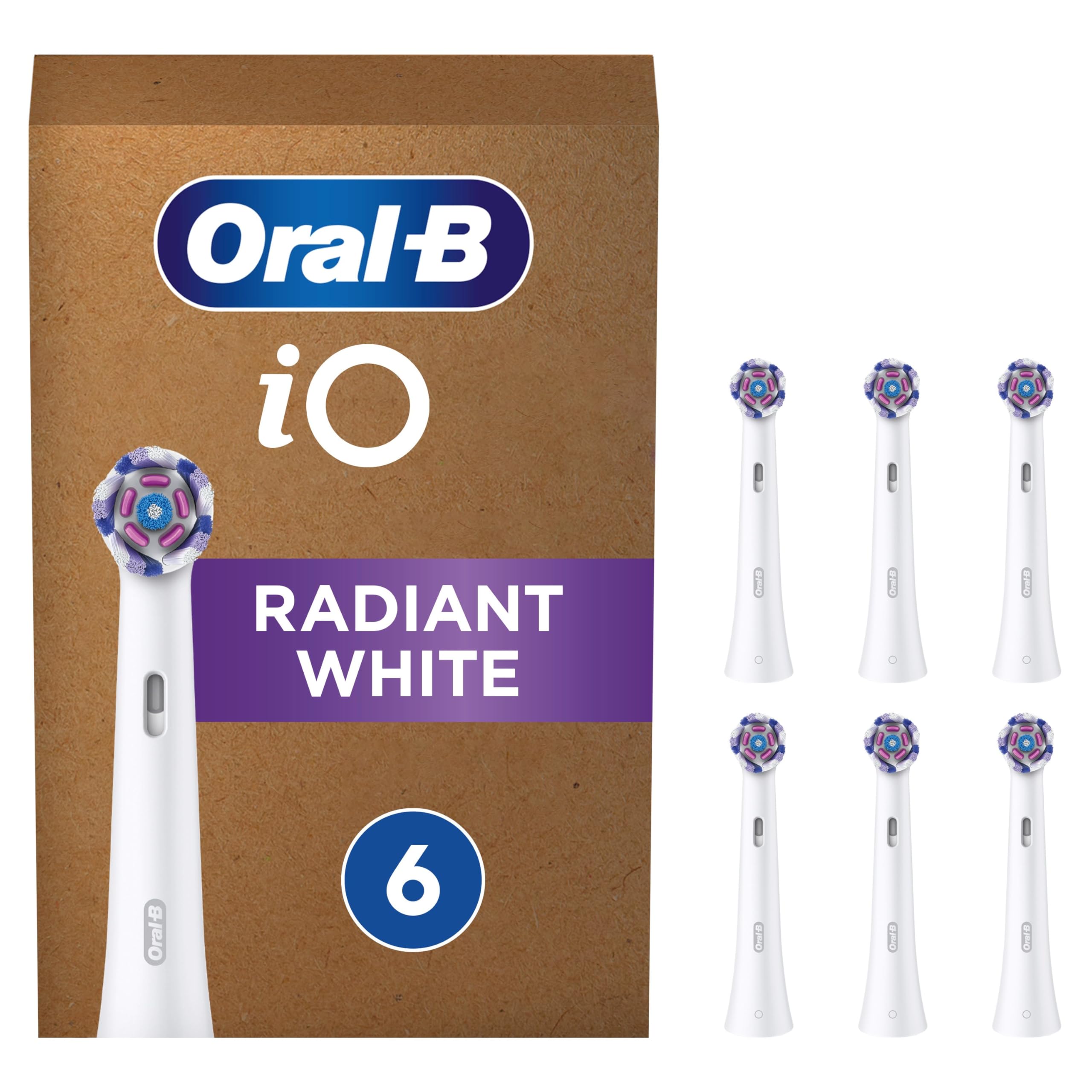 Oral-B iO Radiant White Electric Toothbrush Head, Angled Bristles Deeper Plaque Removal, With Polishing Petals For Teeth Whitening, Pack of 6 Toothbrush Heads, White