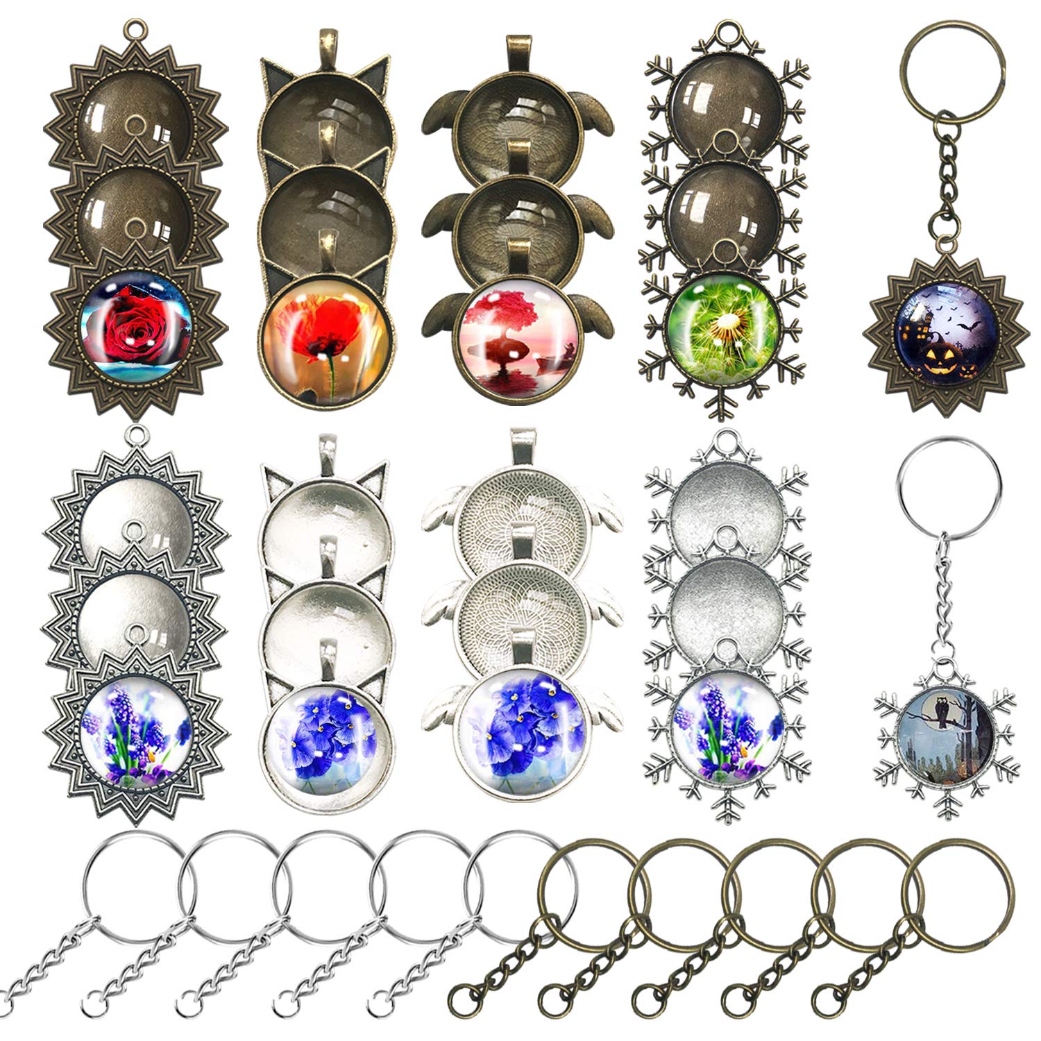 Allazone 58 PCS Pendant Tray Kit, Pendant Trays Sun, Wing, Cat, Snowflakes with Glass Cabochon Blanks Clear Dome, 10 PCS Pendant Buckle for Photo Pendant Craft