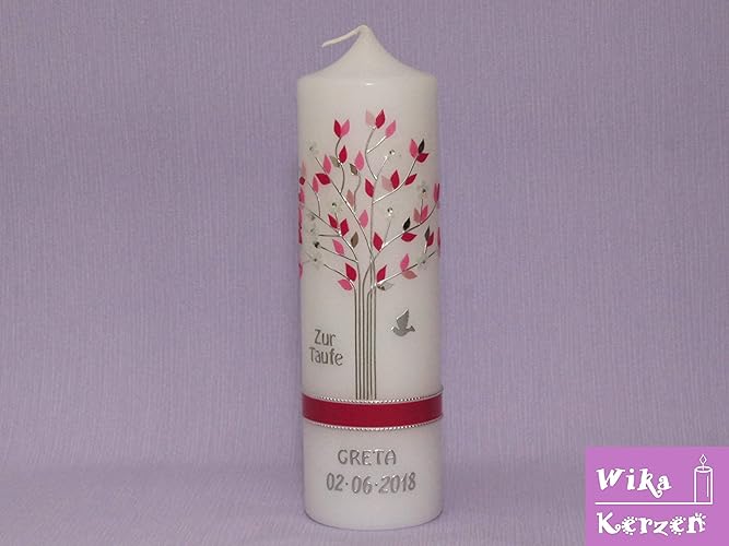 Taufkerze Kommunionkerze Lebensbaum Mädchen mit Name und Datum 25x7cm Taufe Kerze