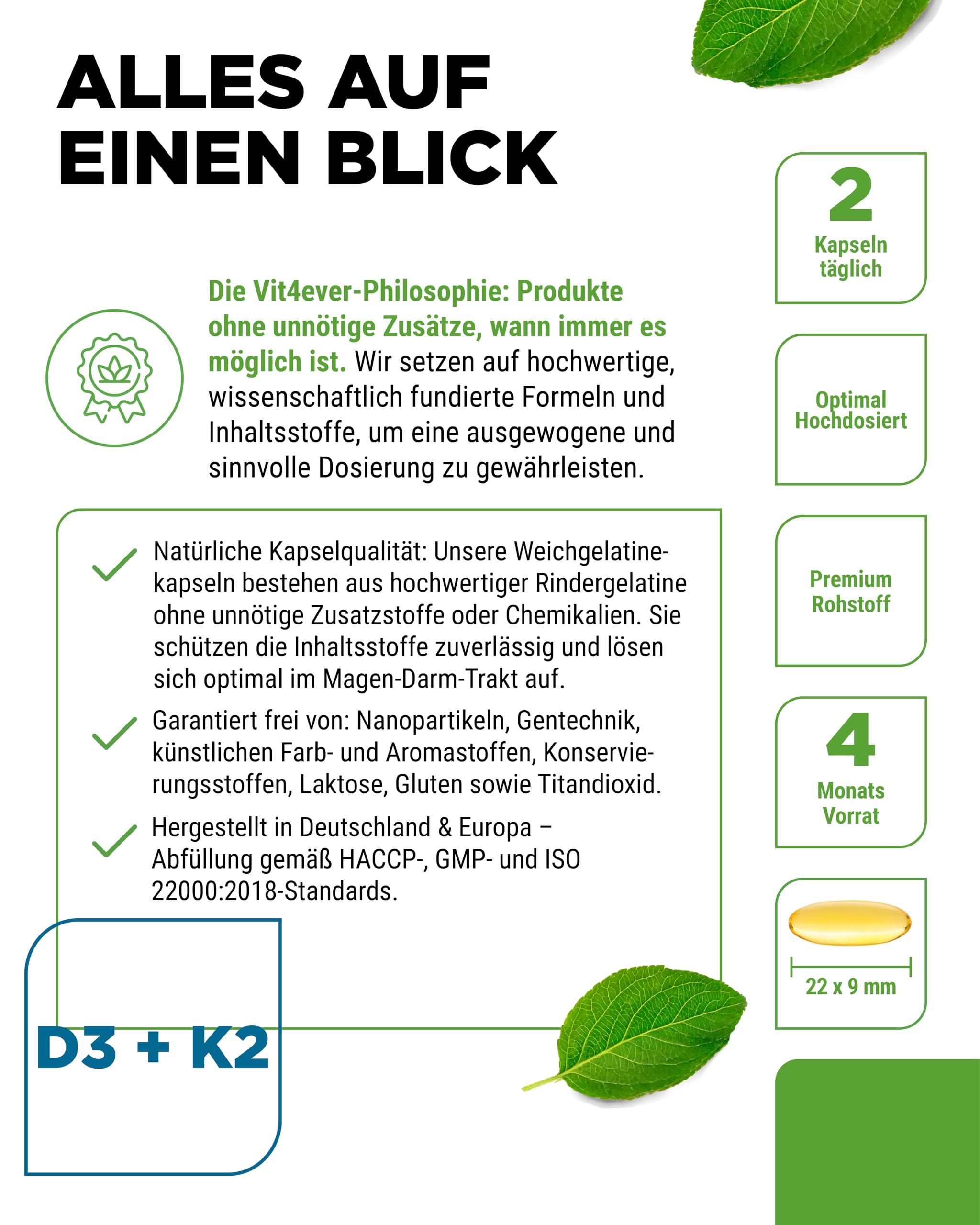vit4ever Omega 3 + Vitamin D3 + K2-240 Kapseln - 1125 mg Omega 3 4
